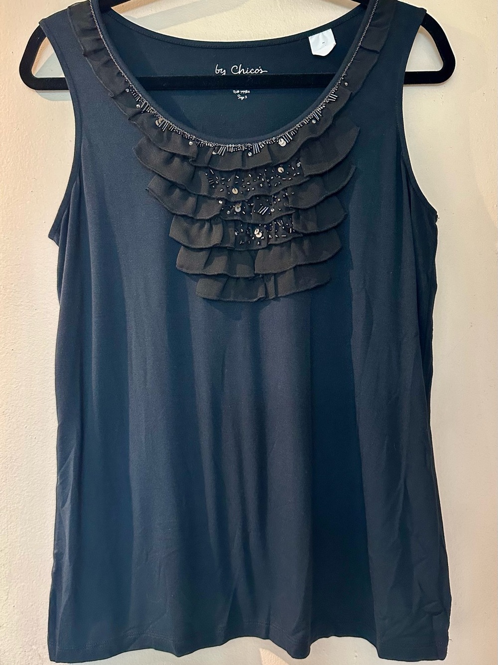 Chico's Black Sleeveless Ruffle Bob Beaded Sequin Tank Top Size 2/L